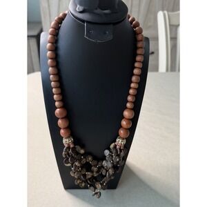 Boho Wood Bead Statement Necklace Coconut Shell Cluster Artisan Brown Handmade